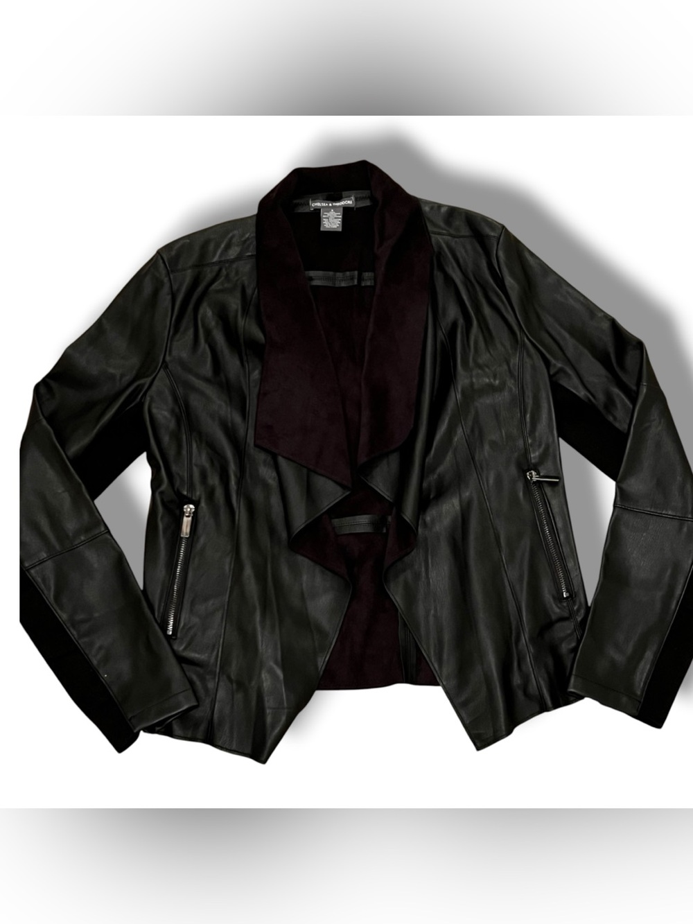 Chelsea & Theodore Draped Open Front Moto Jacket Black Faux Leather Women S F-5